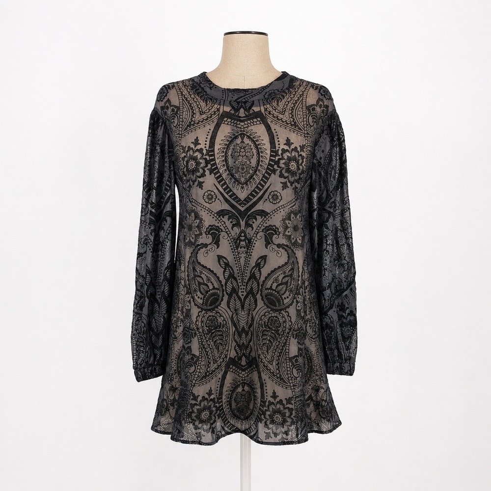 Floral Paisley Burnout Sheer Mesh Puff Sleeve Dress Sz 2XL High Neck Whimsigoth - Picture 1 of 9